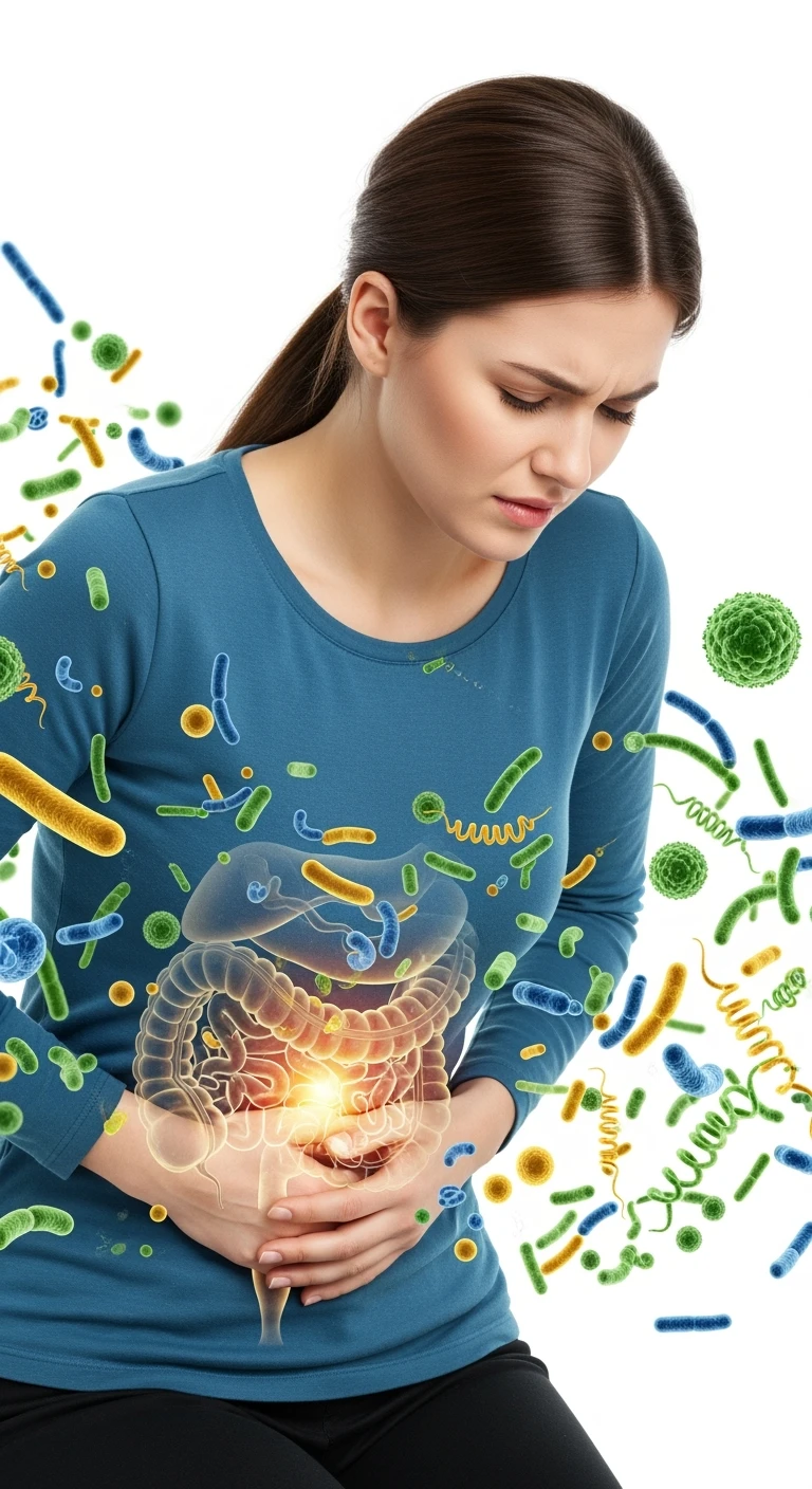 DONNA CON MAL DI PANCIA E INTESTINO UMANO ANATOMICO VISIBILE, BATTERI INTESTINALI FLUTTUANO INTORNO, IPERREALISTICO 4K, SFONDO BIANCO emoji