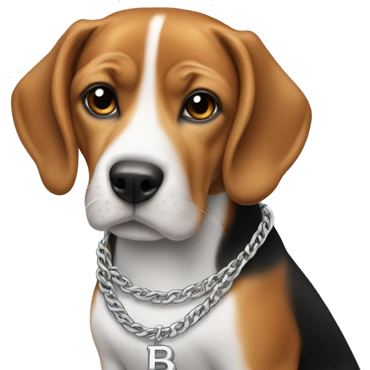 beagle wearing a silver chain with a B on it emoji