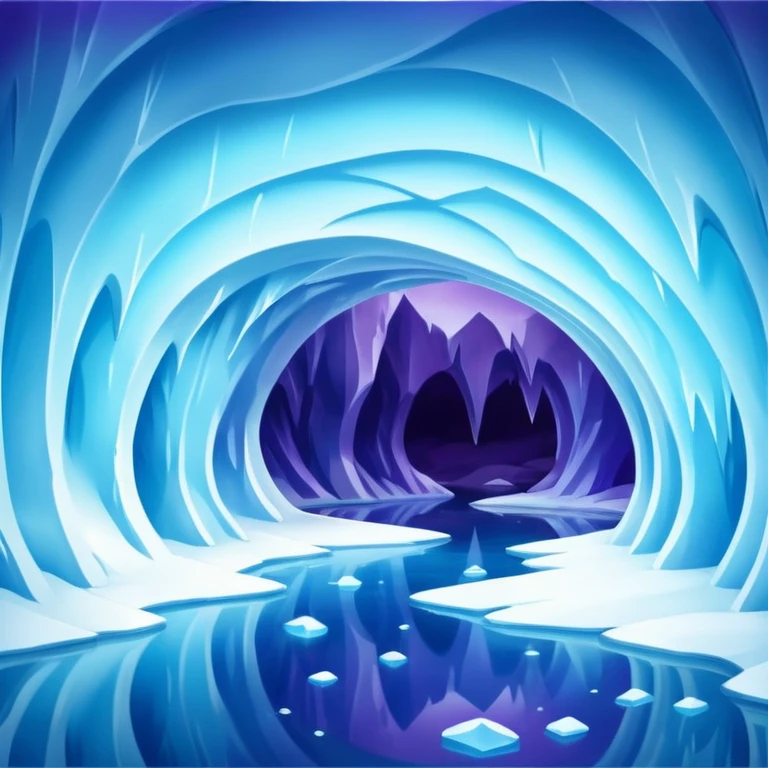 A breathtaking ice cave glowing with blue light, featuring smooth, curved walls made entirely of translucent ice. The interior reflects shimmering shades of blue and purple, with natural light filtering through the frozen surface. Realistic detail, cinematic lighting. emoji