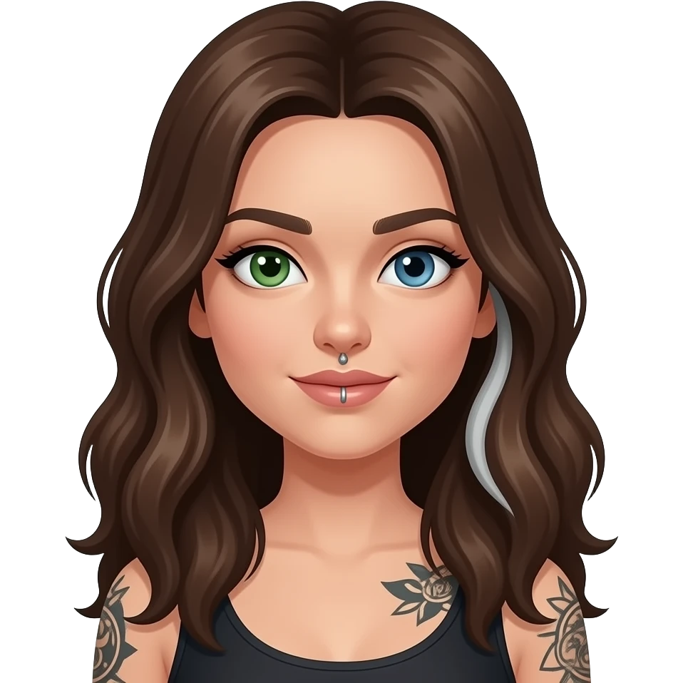 white long wavy haired brunette woman with one green eye one blue eye tattoos a philtrum piercing and a thin streak of grey hair emoji