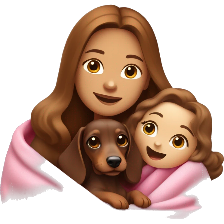 a white skinned woman with long brown hair is cradling her puppy in a pink baby blanket. the puppy is a brown dachshund dog. the woman is smiling with mouth ajar. you can see the woman cradling the puppy like a baby from her waist up.  emoji