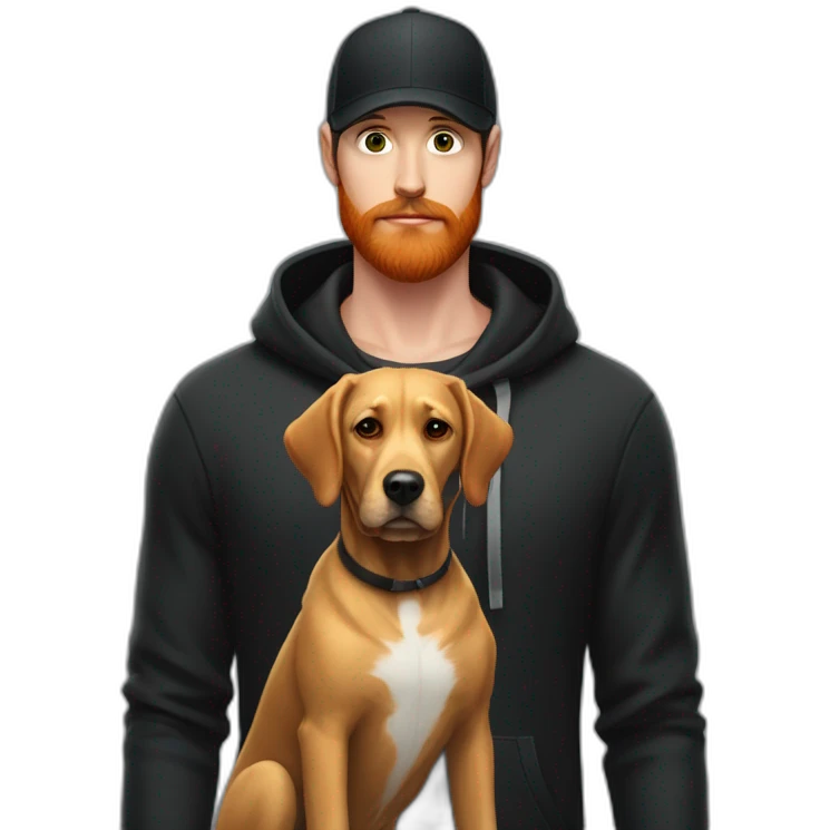 a handsome, slender man in a black cap and a hoodie with a hood worn over the cap, sporting a red beard, standing next to a black Labrador dog emoji