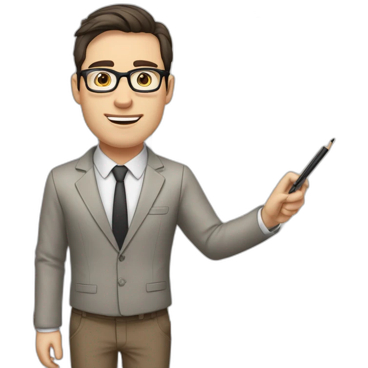 Pale skinned fit man with dark brown hair in gray jacket, beige office shirt, brown tie, brown pants and vintage glasses Writing text on a marker board emoji