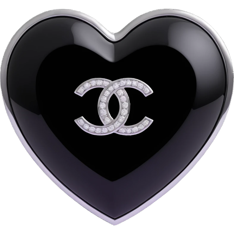 Remove the pearls, keep only the glossy black heart with a diamond accent and silver Chanel logo, elegant, black and white color scheme, keep the background transparent. emoji