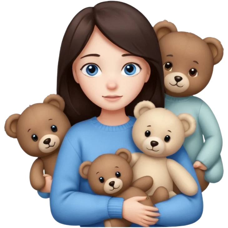 a girl with long dark brown hair, with blue eyes, in a
white sweater, hugs 3 different natural coloured emoji