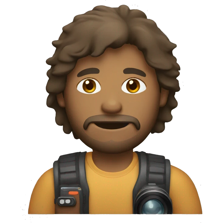 brown guy with mullet and beard holding a photo camera emoji