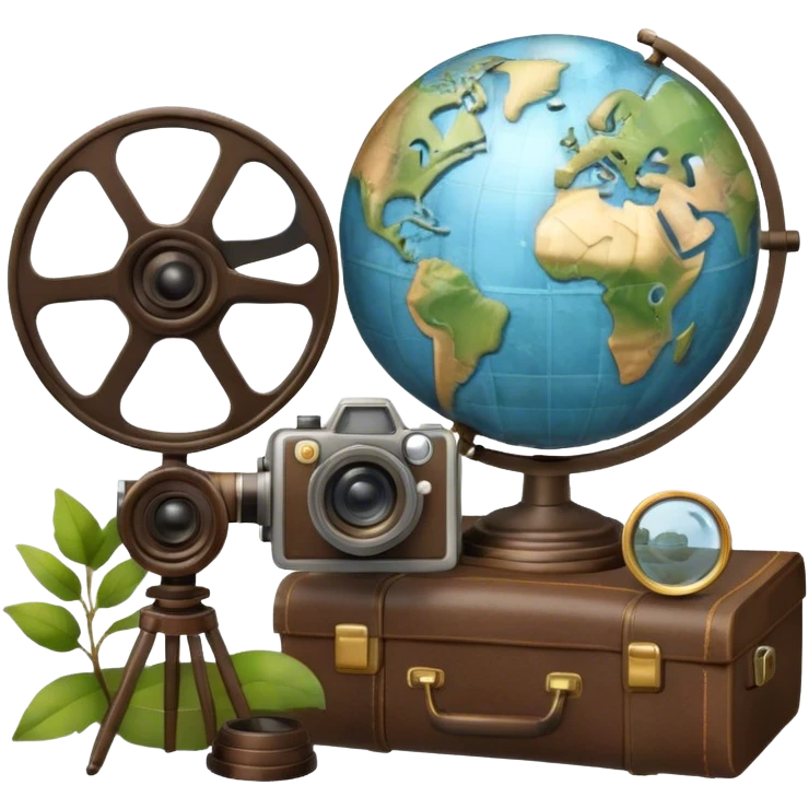 Icon for Documentary Film: A vintage movie poster style with a film reel, a camera, and a globe symbolizing exploration and knowledge. Include elements like a notebook, magnifying glass, and nature or historical visuals to evoke a sense of discovery. Transparent background. emoji