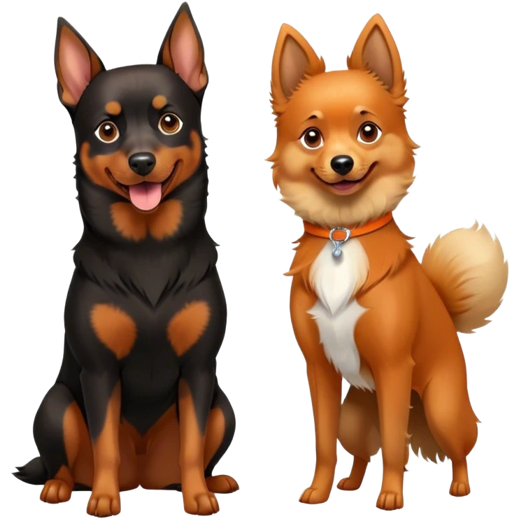 Doberman Pinscher and Pomeranian Spitz standing side by side. The Doberman has a sleek black and tan coat with alert ears, while the Pomeranian has a fluffy orange coat and a joyful expression. Beautiful natural background, with a clear blue sky and green grass. Transparent background. emoji