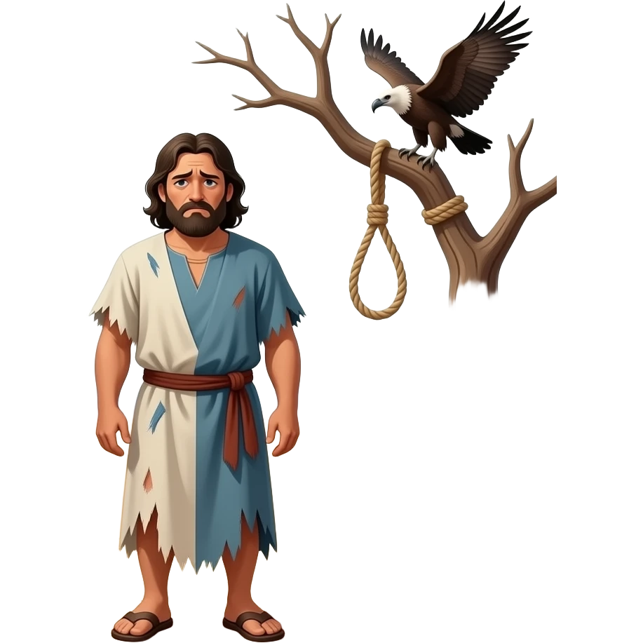 A full bodied dirty and tired man with a sad look on his face , wearing old clothing from biblical times , in a desolate barren land with desert mountains in the background,  vultures, crows flying and skull on the ground, standing in front of a dead tree, with a rope noose hanging from a tree limb emoji