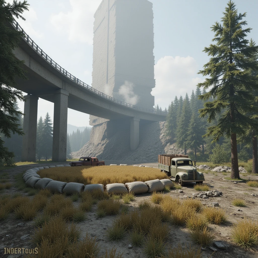  a screenshot of a location in a videogame  the image of the scene consists of: [a tall above-ground freeway collapsed], a wooded area, a small field of wheat, sandbag barricades. distant smoke. uneven terrain, derelict vintage work trucks, more distant smoke emoji
