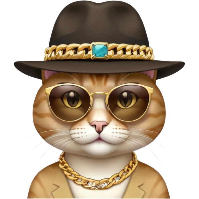 female cat close-up head and shoulders wearing Run DMC style, fedora, dark sunglasses, gold chains, bling emoji