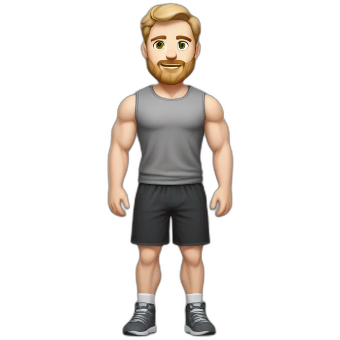 Full height Pale skinned fit man With biceps, Realistic eyes and mouth, light brown hair and stubble In dark gray sleeveless mike, black oversize sports shorts, watch and white sneakers. emoji