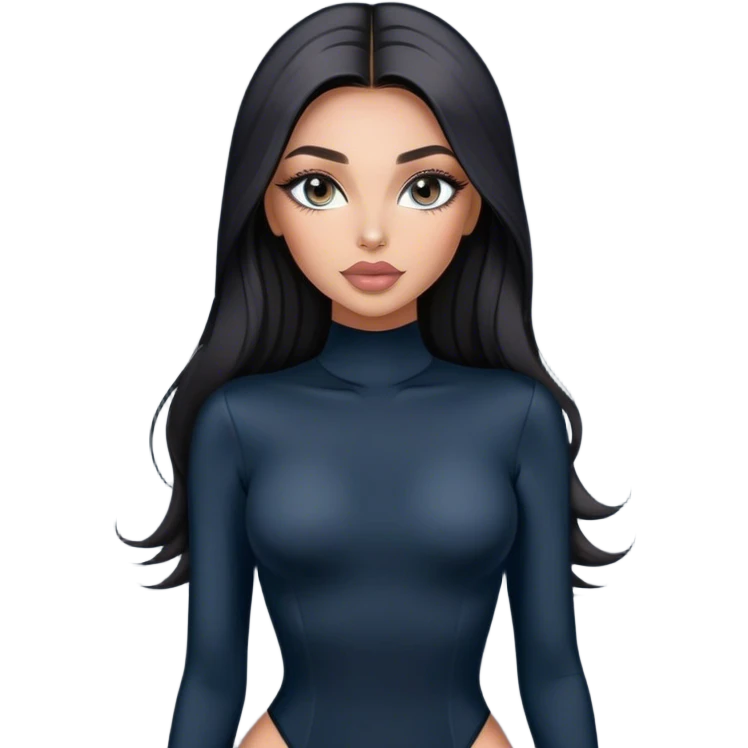 Glamours, tanned, very beautiful girl, with big pump peach-beige-rose lips, long long lashes, black straight smooth silky long hair, straight parting hair, blue-grey eyes in black long-sleeves bodysuit emoji