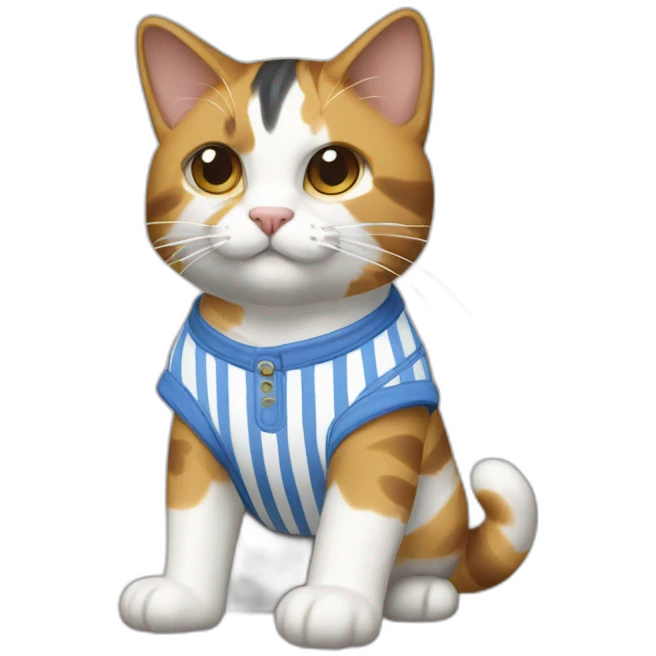 Purradise Meowscles is a buff calico cat  he has a mullet, a floral designed t shirt that is unbuttoned and blue and white stripped shorts emoji