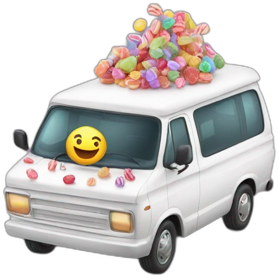 Kids in a white van that is written free candy on it emoji