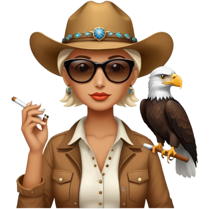 Country woman in cowboy hat with sunglasses with bald eagle on her arm and a cigarette in her mouth  emoji