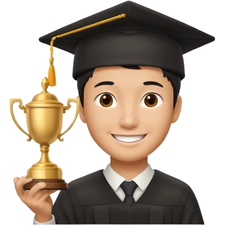 An asian man wearing student hat, holding a trophey emoji