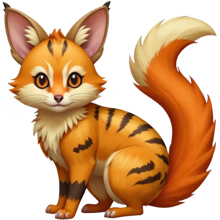 Hyper realistic volcanic fiery flammable beautiful elegant pretty precious cute  Fakémon-Pokémon-opossum-feline-serval-caracal-chinchilla-Flareon-Furret-Minccino-hybrid-creature with a big fluffy bushy tail (full body) emoji