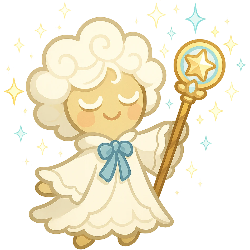Eternal Sugar Cookie, Cookie Run Kingdom, holding a magical staff, sparkles, whimsical emoji