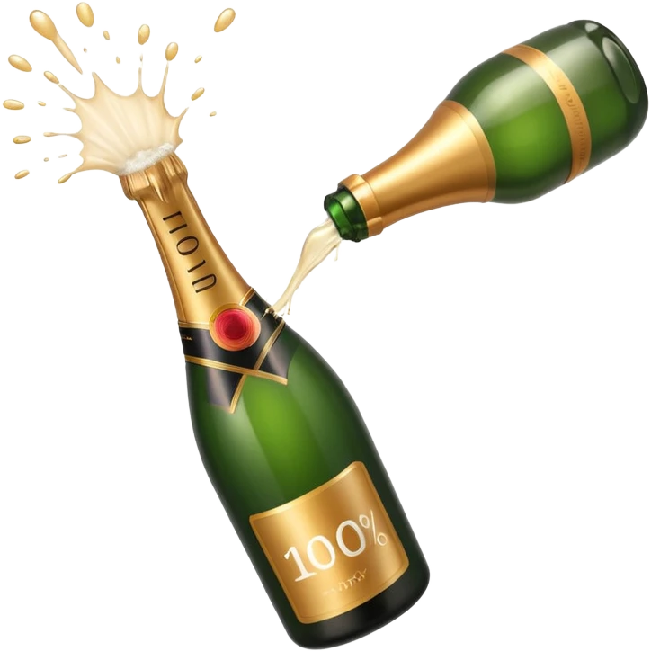 Garrafa de champanhe estourando com o texto 100% saindo dela. emoji