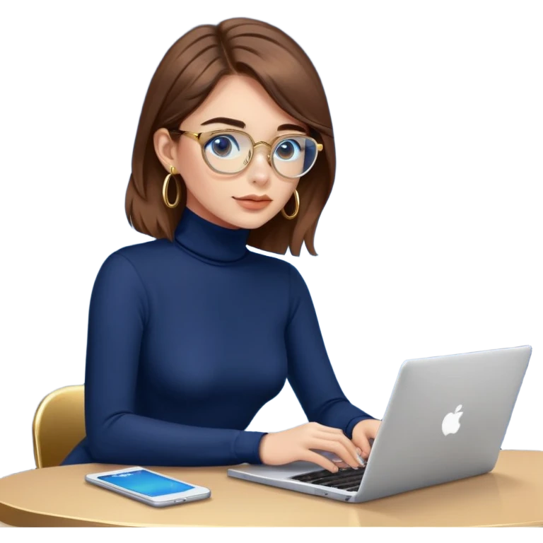 Girl with brown hair, navy blue turtleneck, gold hoop earrings, blue light glasses, working on laptop emoji