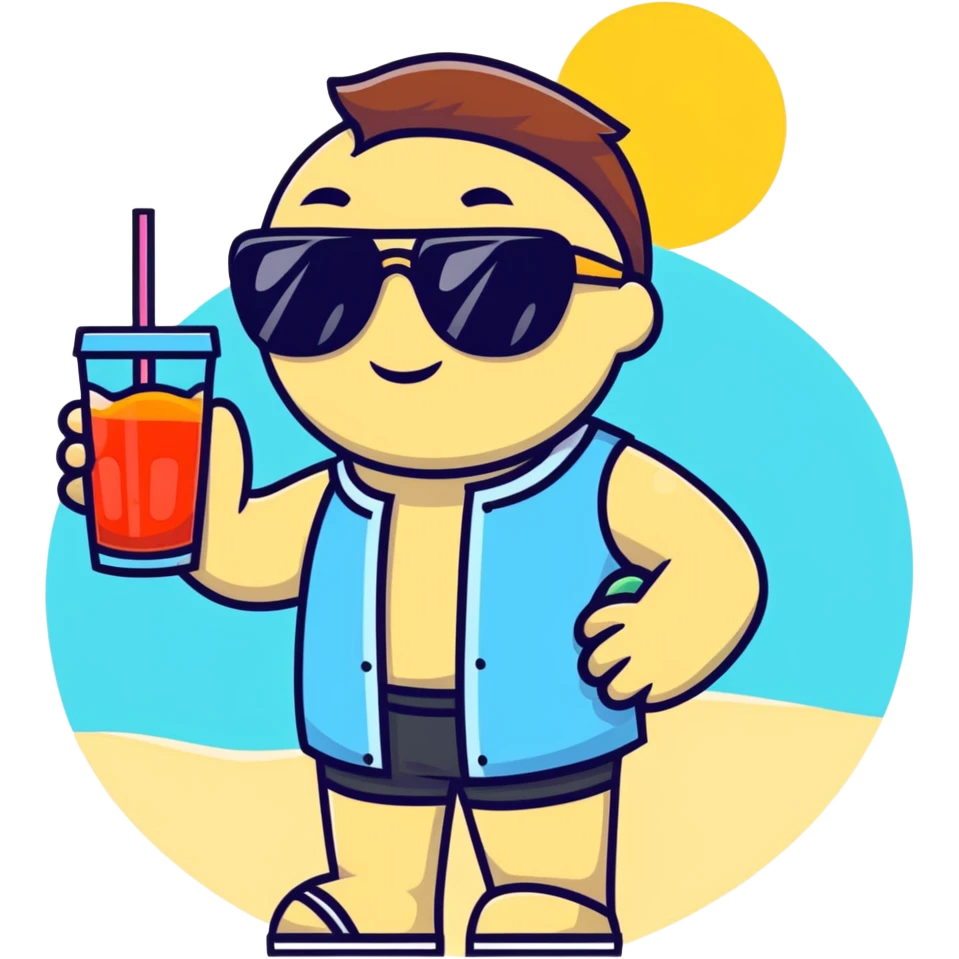 hand with sunglasses, holding fruit juice, on a sunny beach emoji