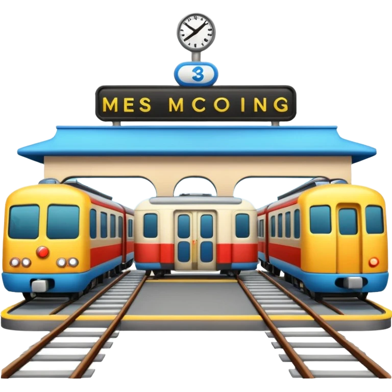 A 3D cartoon train terminal with tracks, platform signs, and an arriving train, Memoji-style realism. emoji