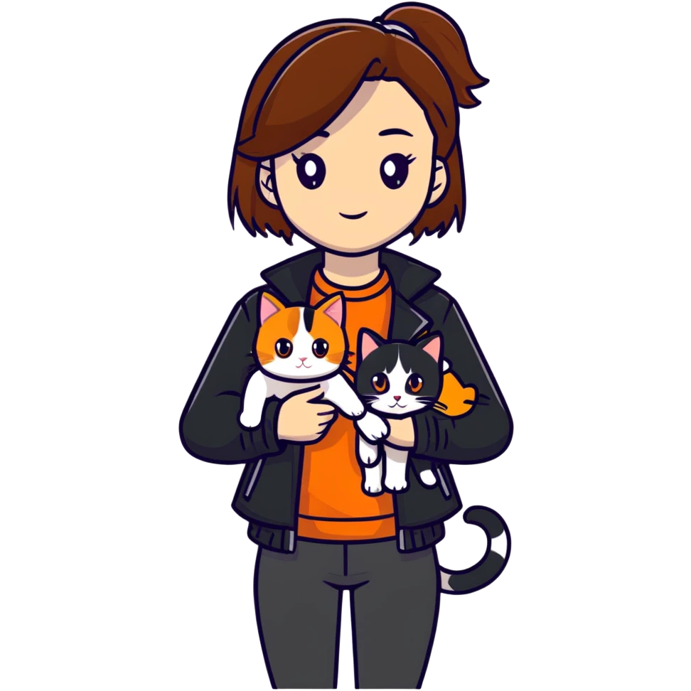 Light-skinned girl with brown straight hair wearing a black jacket, holding one pure white cat and one calico cat with orange black patches emoji