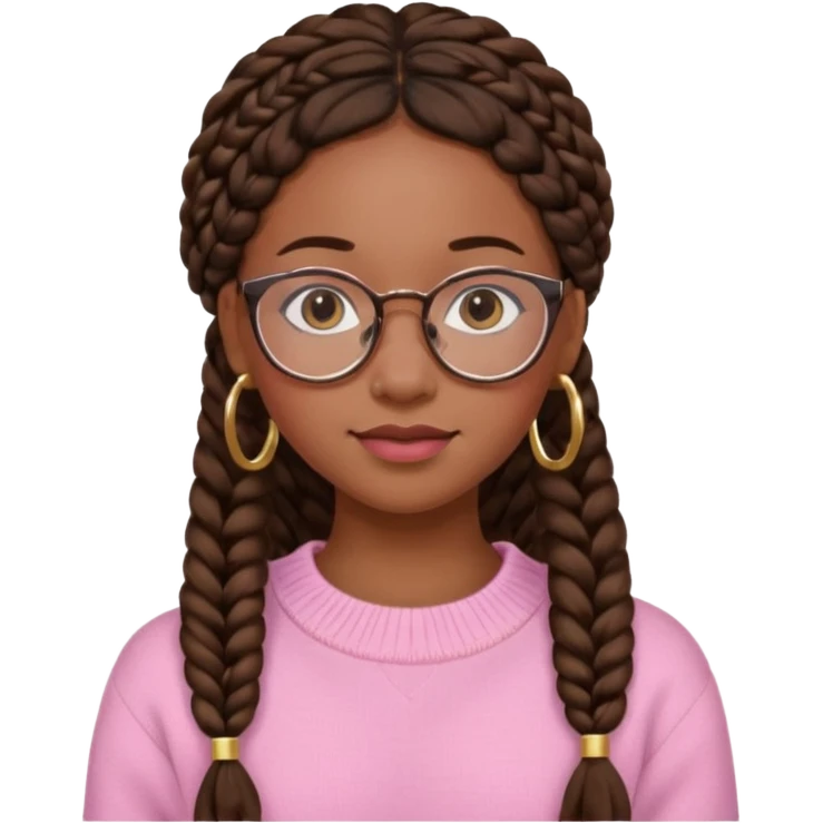 cute  black adult girl with glasses and braids that are long which are brown, and some blush on her cheeks , in a pink sweater and some gold hoop earings . emoji