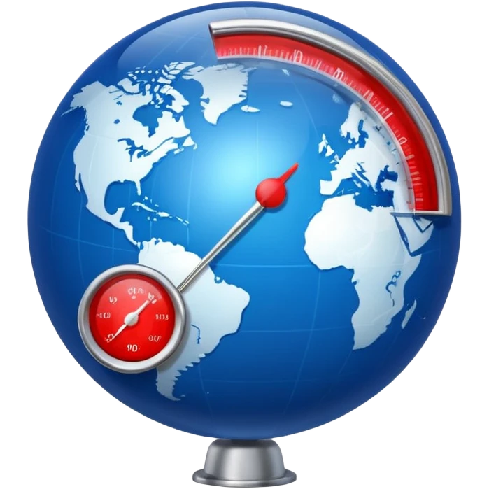 Blue Earth sphere, tilted. Prominent, oversized, fiery red thermometer/gauge, embedded. Indicator peaking 'danger' zone emoji