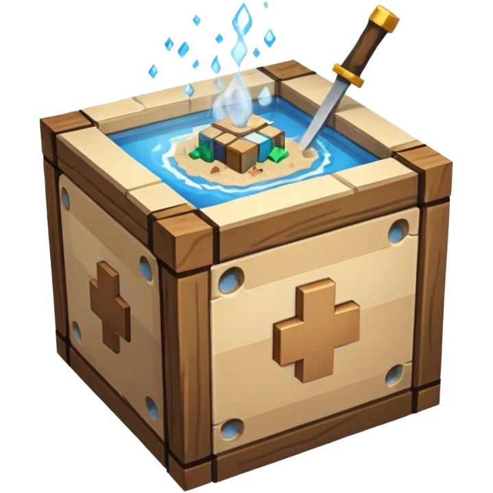 crafting table with tools, stone, wood, glass, sand, steam, water... like a minecraft style cube crafting table 100% like a minecraft cube emoji