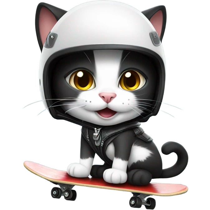 Smiling Black and white cat skateboarding with crash helmet  emoji