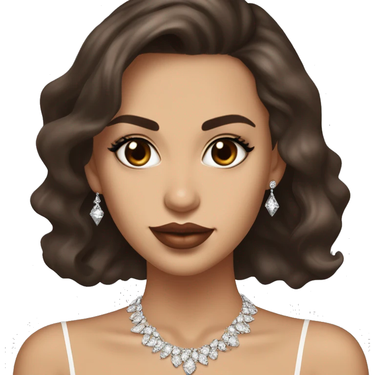 Girl with brown eyes and a fair skin tone long eyelashes and long dark brown hair in a side parting in a wavy/blowout effect style wearing white scoop neck top and wearing a diamond necklace in the shape of an M and plump glossy lips emoji