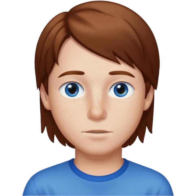Boy standing with brown straight hair blue eyes and freckles emoji