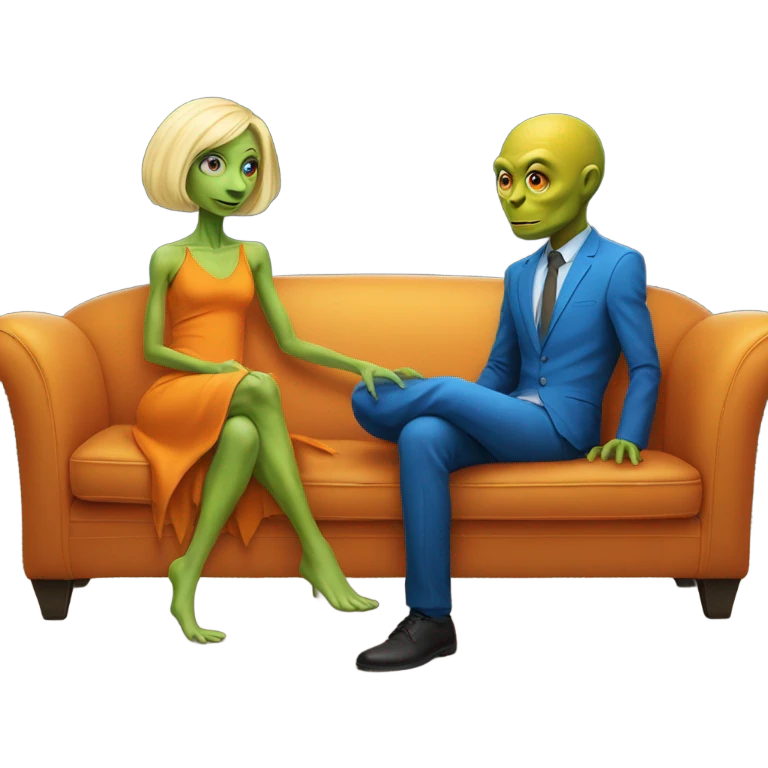 blonde alien reptilian woman in orange dress and humman man in blue, sitting on a couch  emoji