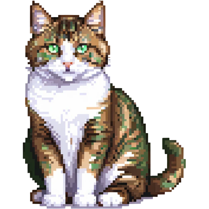 Brown, white, and black tabby cat with green eyes sitting to show its white belly, pixelated art emoji