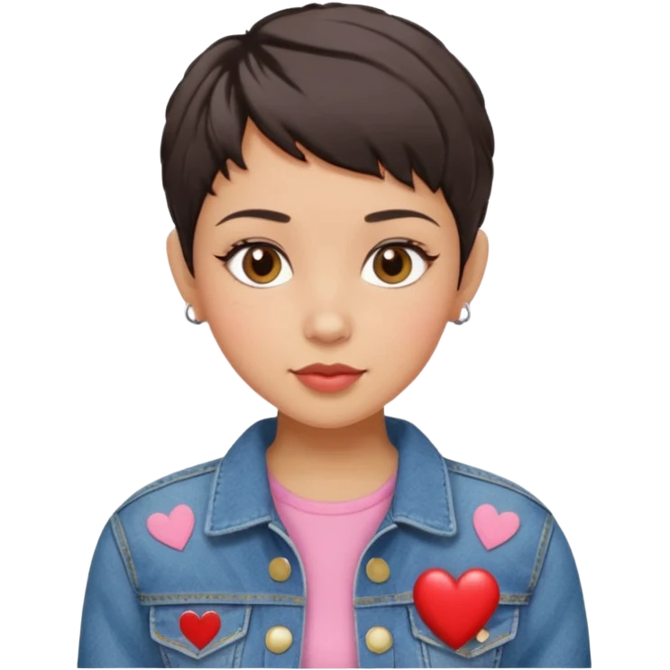 woman pixie cut dark brown hair with barrettes, hispanic, brown oval eyes, heart shaped face emoji
