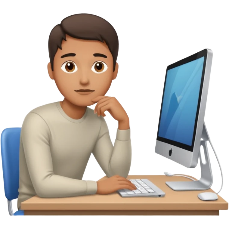 emoji of a man sitting at the table with an imac on it, a man sits in a very thoughtful pose emoji