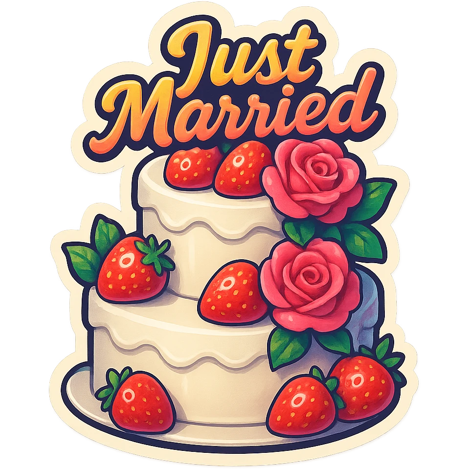 white wedding cake with strawberries, pink roses, 'Just Married' topper, retro stickers style emoji
