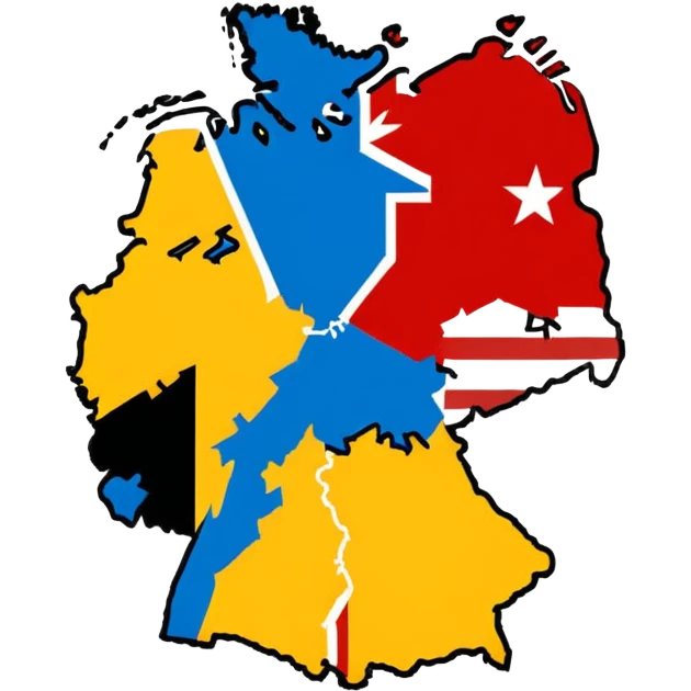 Germania divisa con mandiera in US sud-ovest, UK nord-ovest (Amburgo, Colonia), URSS est (Berlino Est, Dresda), France sud-ovest (Stoccarda, Friburgo) emoji