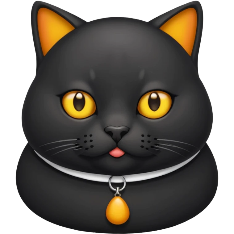 Un gato negro gordito con los ojos de color amarillos sentado con un collar que diga: waina michi emoji