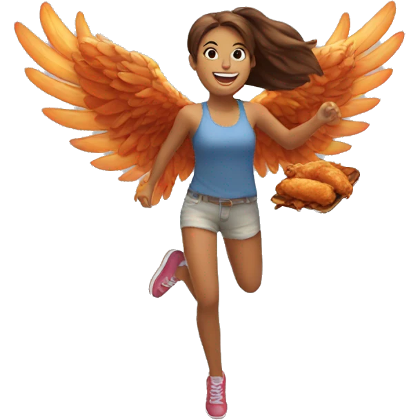 a girl flying with two delicious bbq chicken wings on her back emoji
