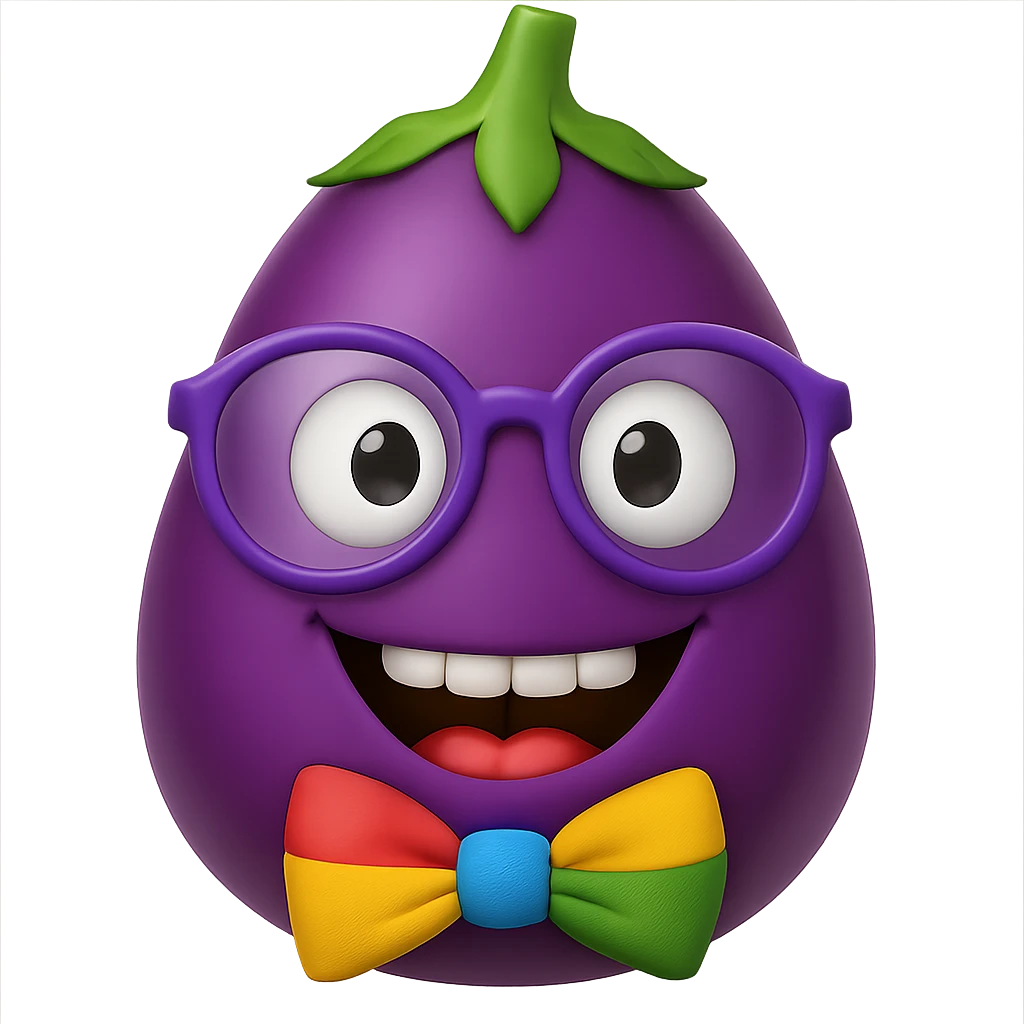 Add a colorful bow tie to the eggplant with nerdy glasses and goofy teeth, keep the background transparent. Maintain the original style and transparent background. emoji