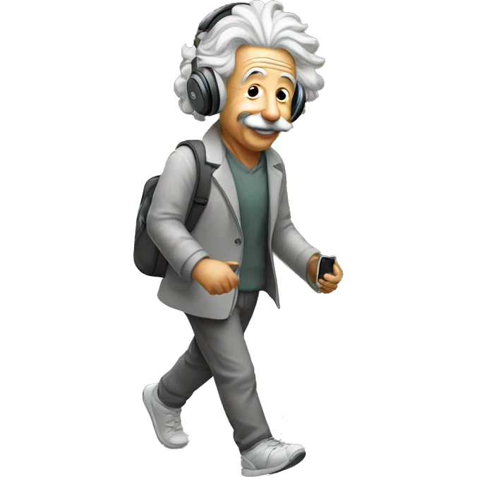 albert einstein happy listening music with just wireless headphones while walking emoji