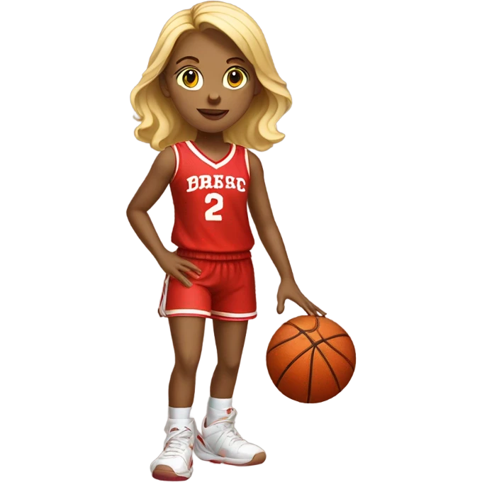 blond girl in red costume playing basket ball emoji