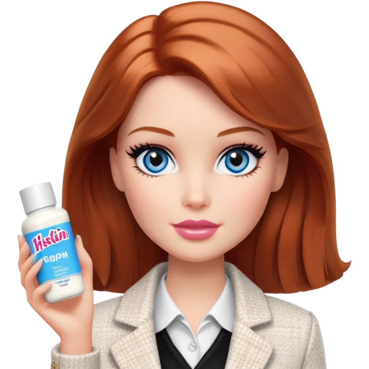 A Barbie girl with blue eyes, shoulder-length reddish-brown hair with makeup, wearing a white tweed jacket and a black skirt stands with hiskin brand cream emoji