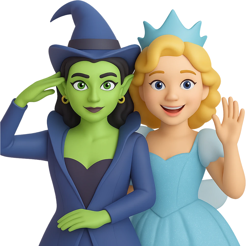 Add Glinda beside Elphaba, both in the Ozdust Ballroom scene, Glinda smiling. The style should resemble 3D emoji style with transparent background. emoji