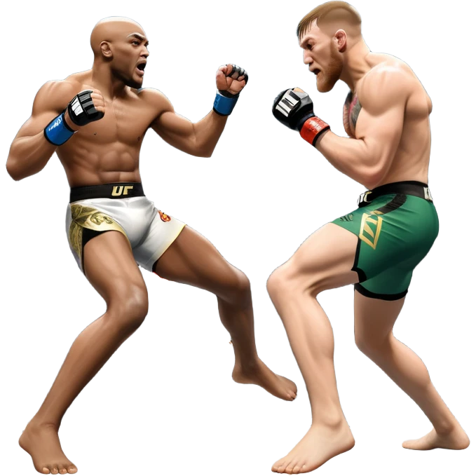 An MMA showdown between Conor McGregor and Anderson Silva in the octagon. McGregor is executing a jumping strike, while Silva skillfully deflects the attack. The background shows the UFC octagon with roaring fans and vibrant energy. Transparent background. emoji