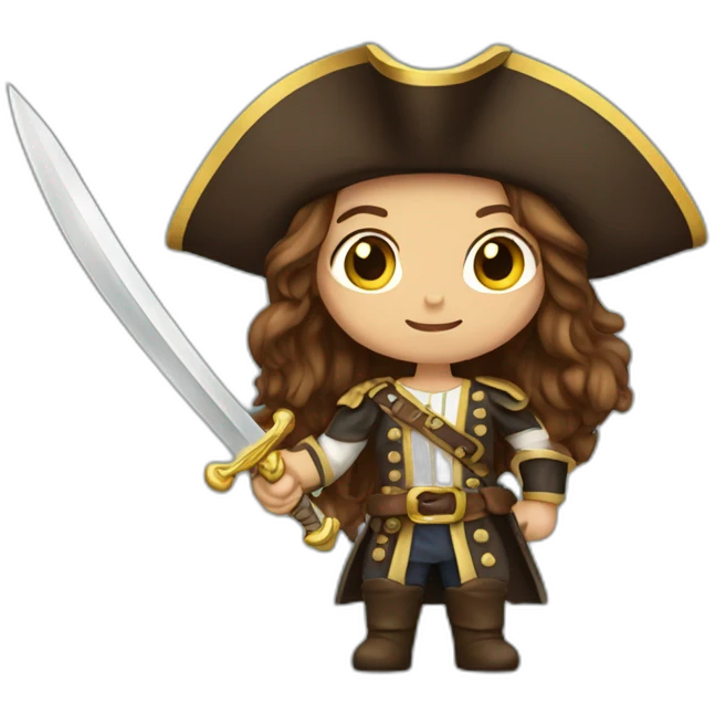 pirate king long brown hair golden eyes tan skin holding a sword woman emoji