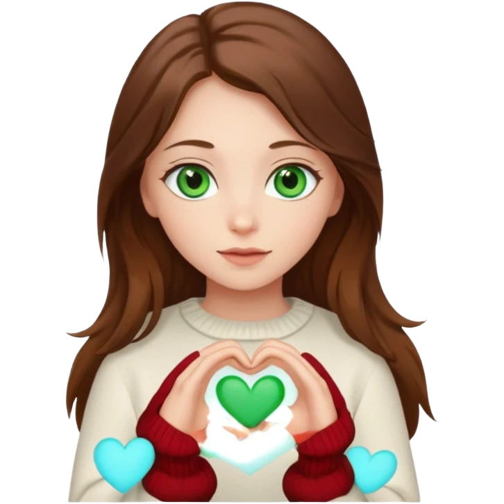 Girl green eyes brown long hair white warm sweater doing hands heart emoji